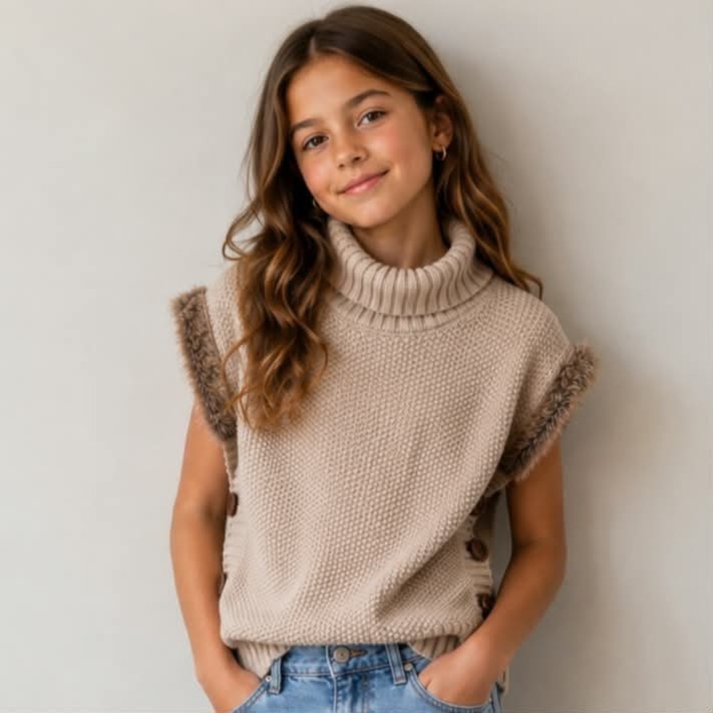 Aspen Kids Girls L 10/12 Knit Poncho Sweater Faux Fur Turtleneck Taupe